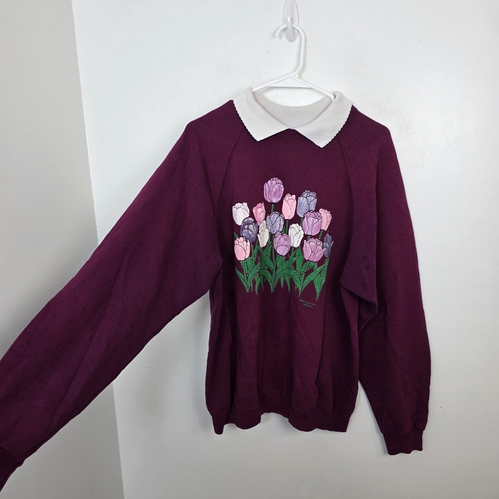 Morning Sun Whitton Purple Tulips Flowers Grandmacore Collared Sweater Size 2XL - Picture 2 of 5